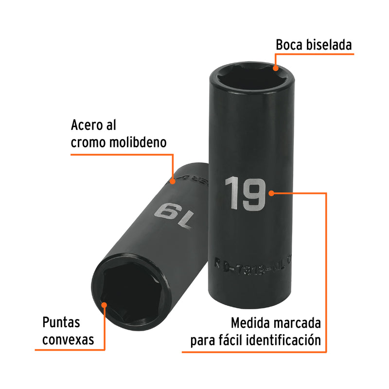 Dado de impacto, largo, 6 puntas, cuadro 1/2" de 19mm