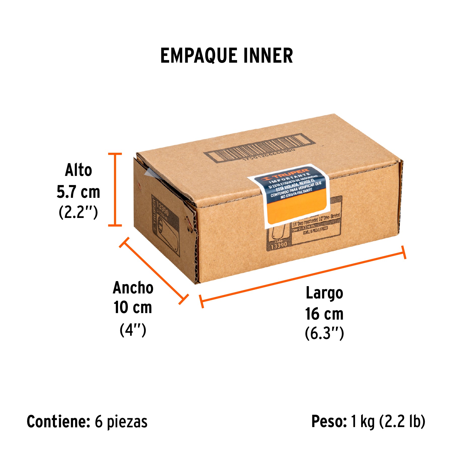 Dado de impacto, largo, 6 puntas, cuadro 1/2" de 5/8"
