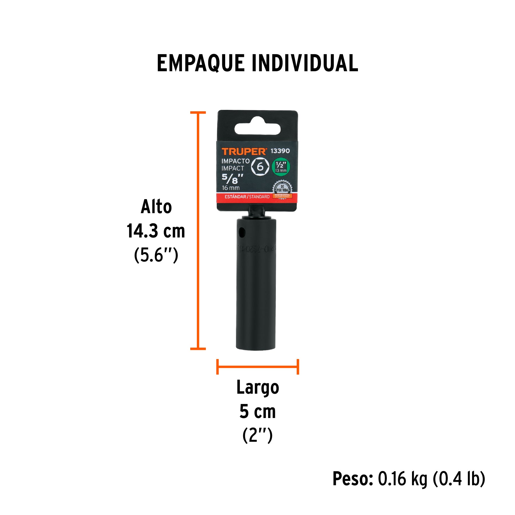 Dado de impacto, largo, 6 puntas, cuadro 1/2" de 5/8"