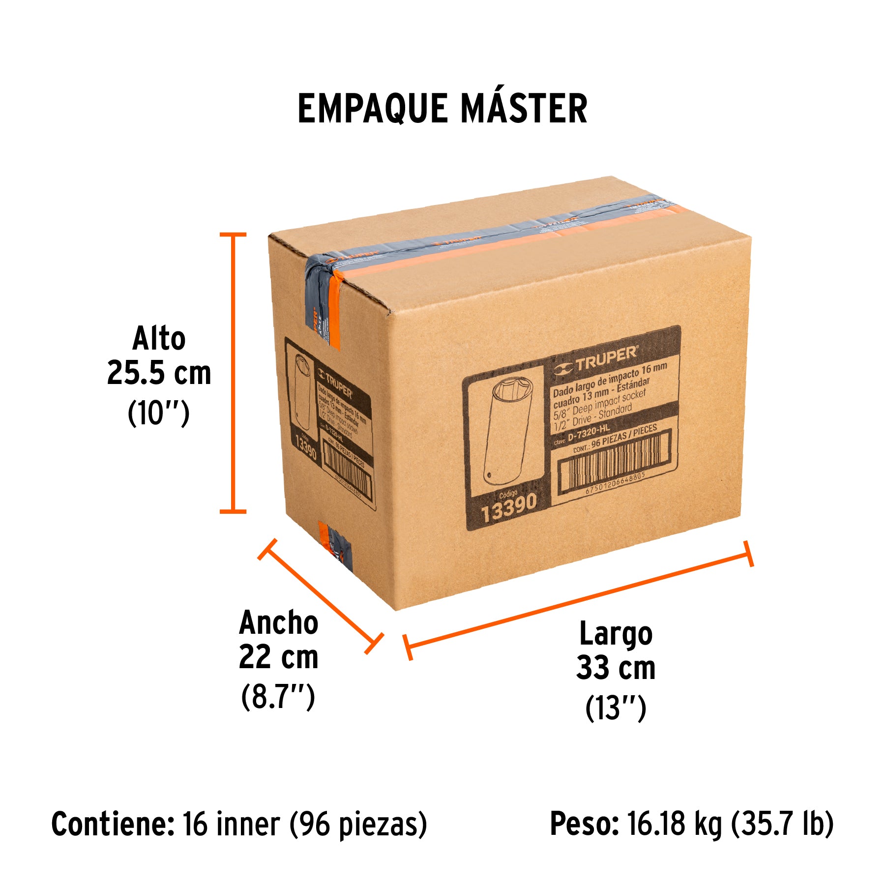 Dado de impacto, largo, 6 puntas, cuadro 1/2" de 5/8"