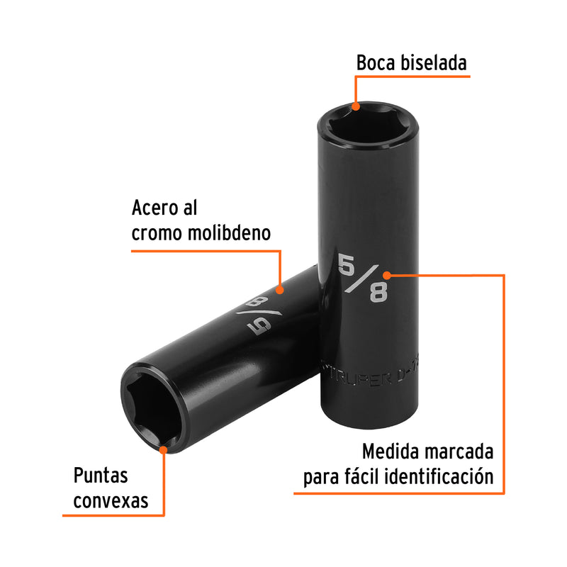 Dado de impacto, largo, 6 puntas, cuadro 1/2" de 5/8"