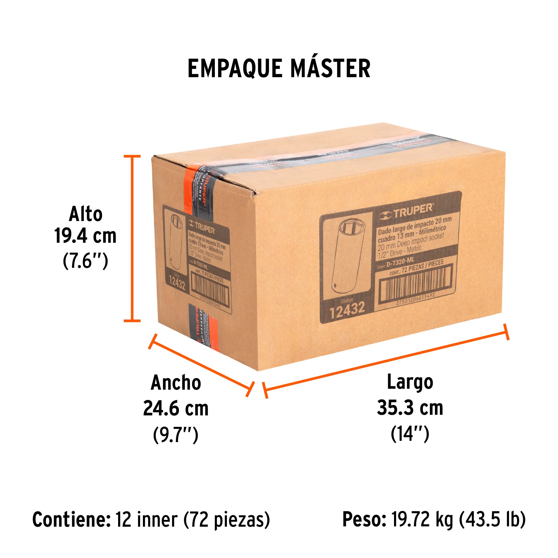 Dado de impacto, largo, 6 puntas, cuadro 1/2" de 20mm