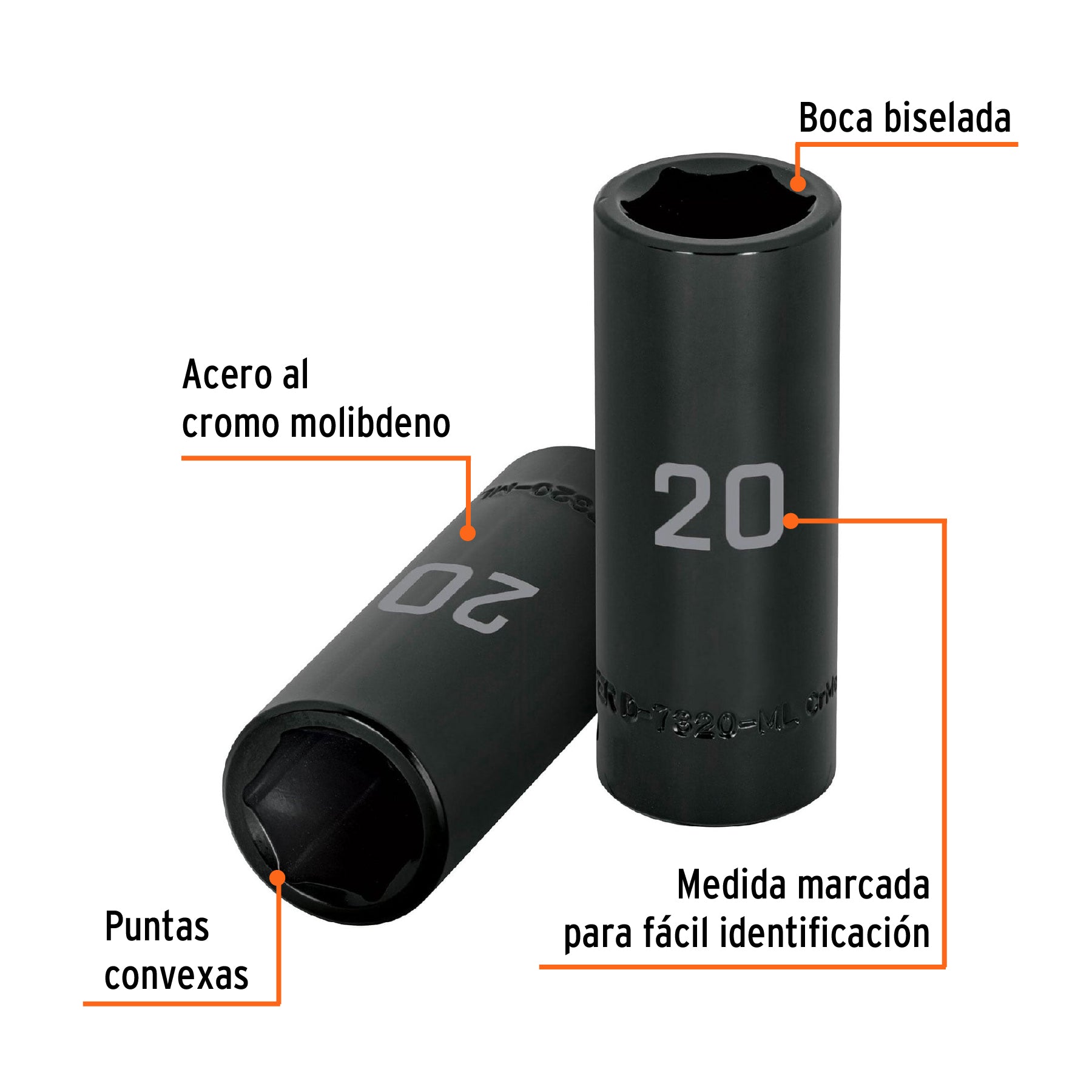 Dado de impacto, largo, 6 puntas, cuadro 1/2" de 20mm