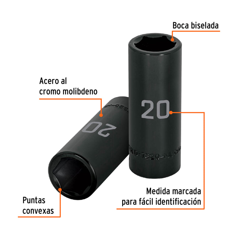 Dado de impacto, largo, 6 puntas, cuadro 1/2" de 20mm