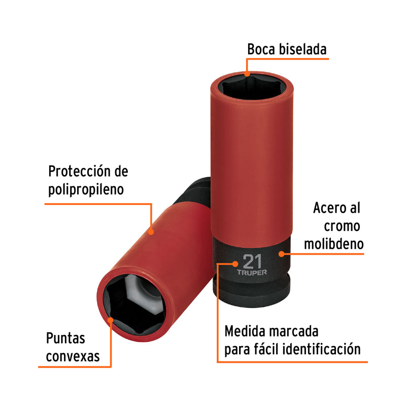 Dado largo impacto, 21mm, 6 p, protec plástica, cuadro 1/2'