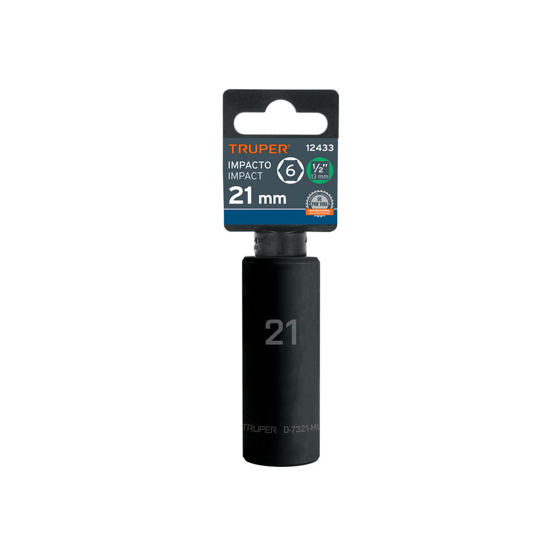 Dado de impacto, largo, 6 puntas, cuadro 1/2" de 21mm