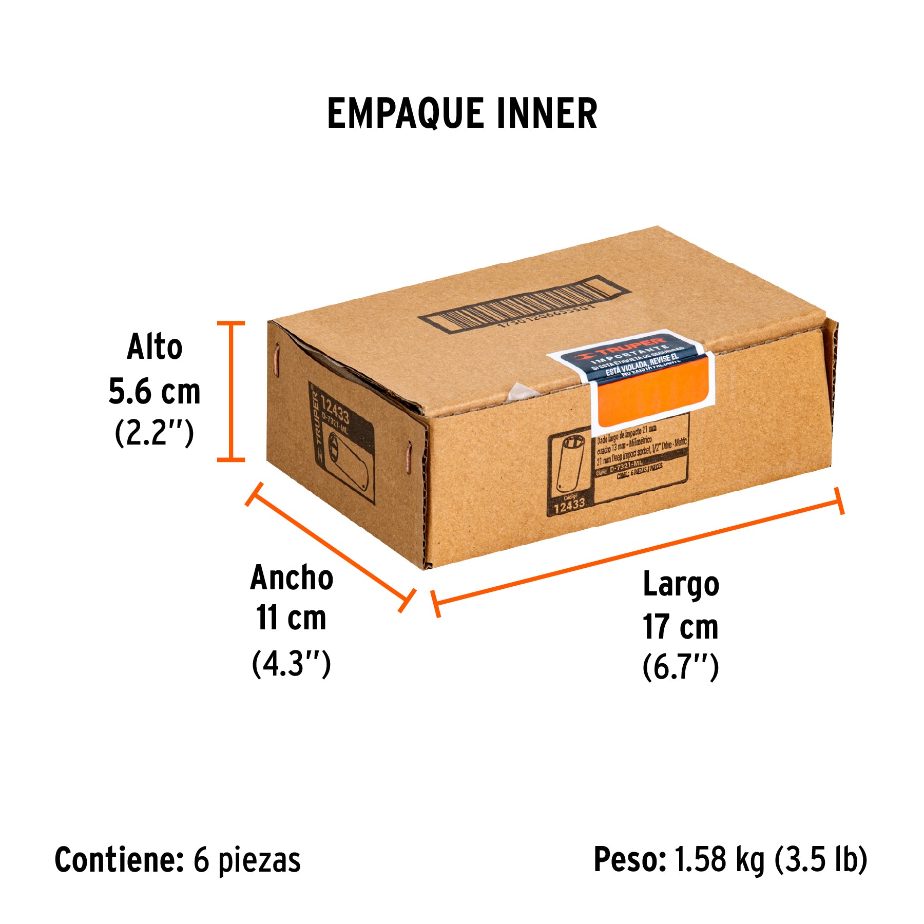 Dado de impacto, largo, 6 puntas, cuadro 1/2" de 21mm