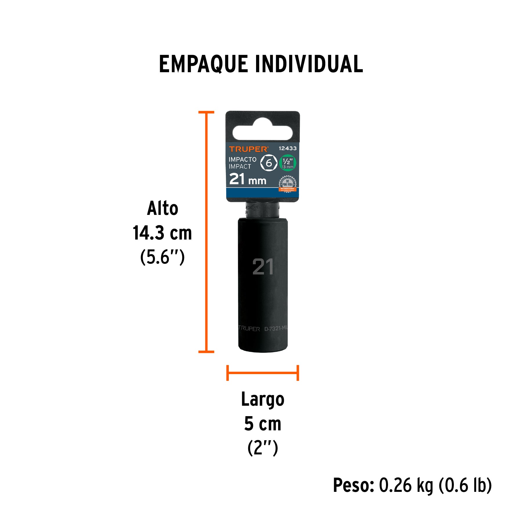 Dado de impacto, largo, 6 puntas, cuadro 1/2" de 21mm