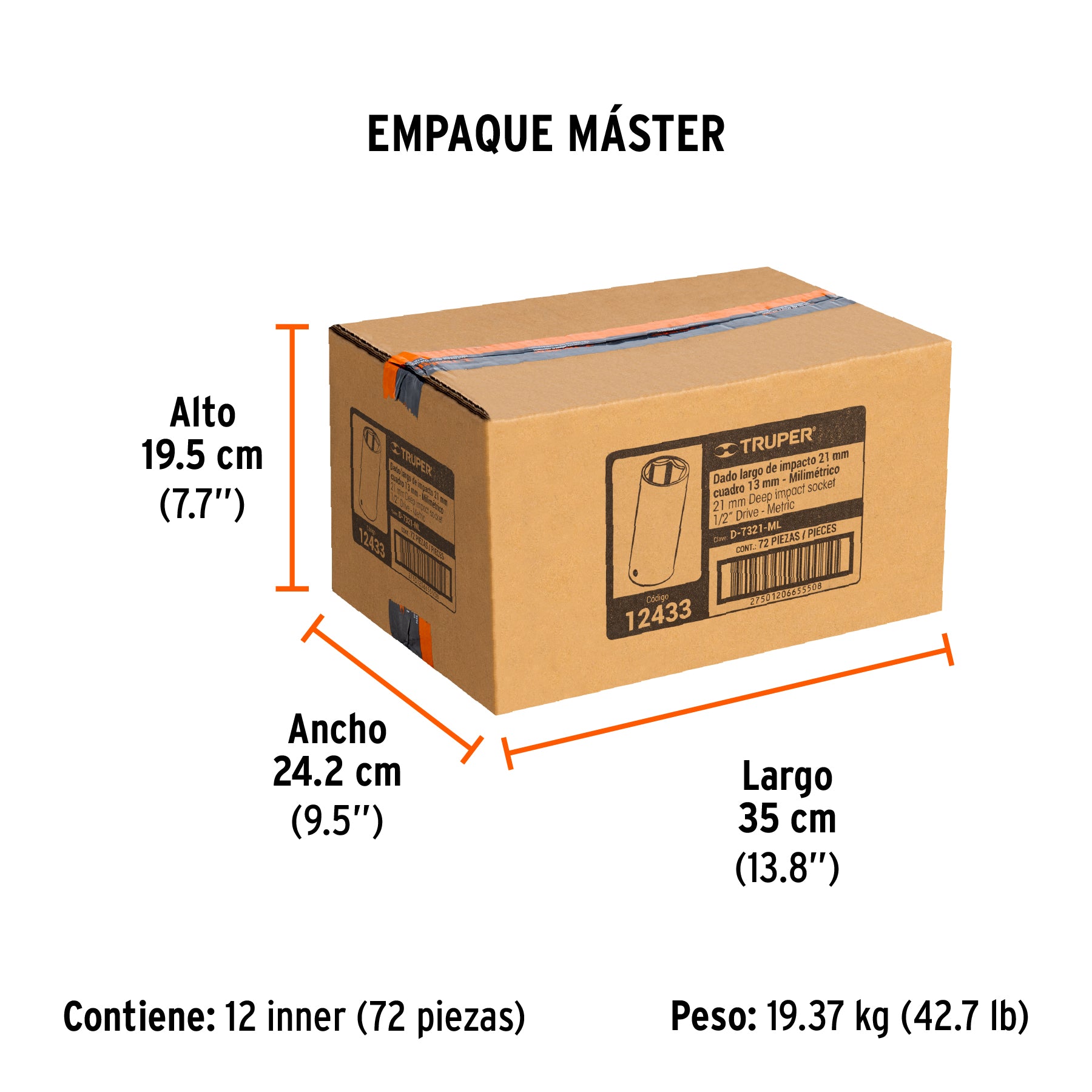 Dado de impacto, largo, 6 puntas, cuadro 1/2" de 21mm