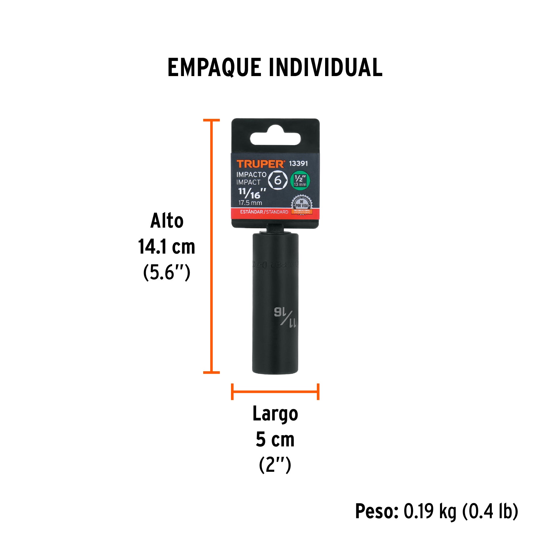 Dado de impacto, largo, 6 puntas, cuadro 1/2" de 11/16"