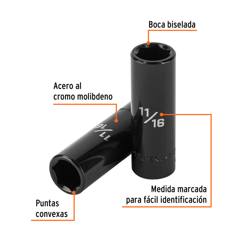Dado de impacto, largo, 6 puntas, cuadro 1/2" de 11/16"