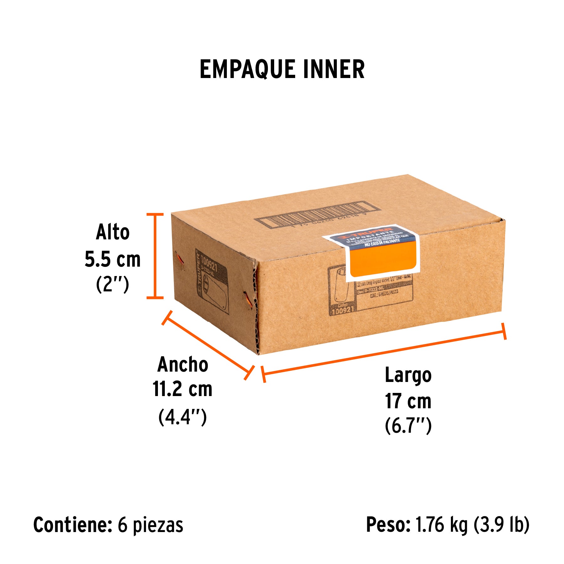 Dado largo impacto de 22 mm, 6 puntas, cuadro 1/2', Truper
