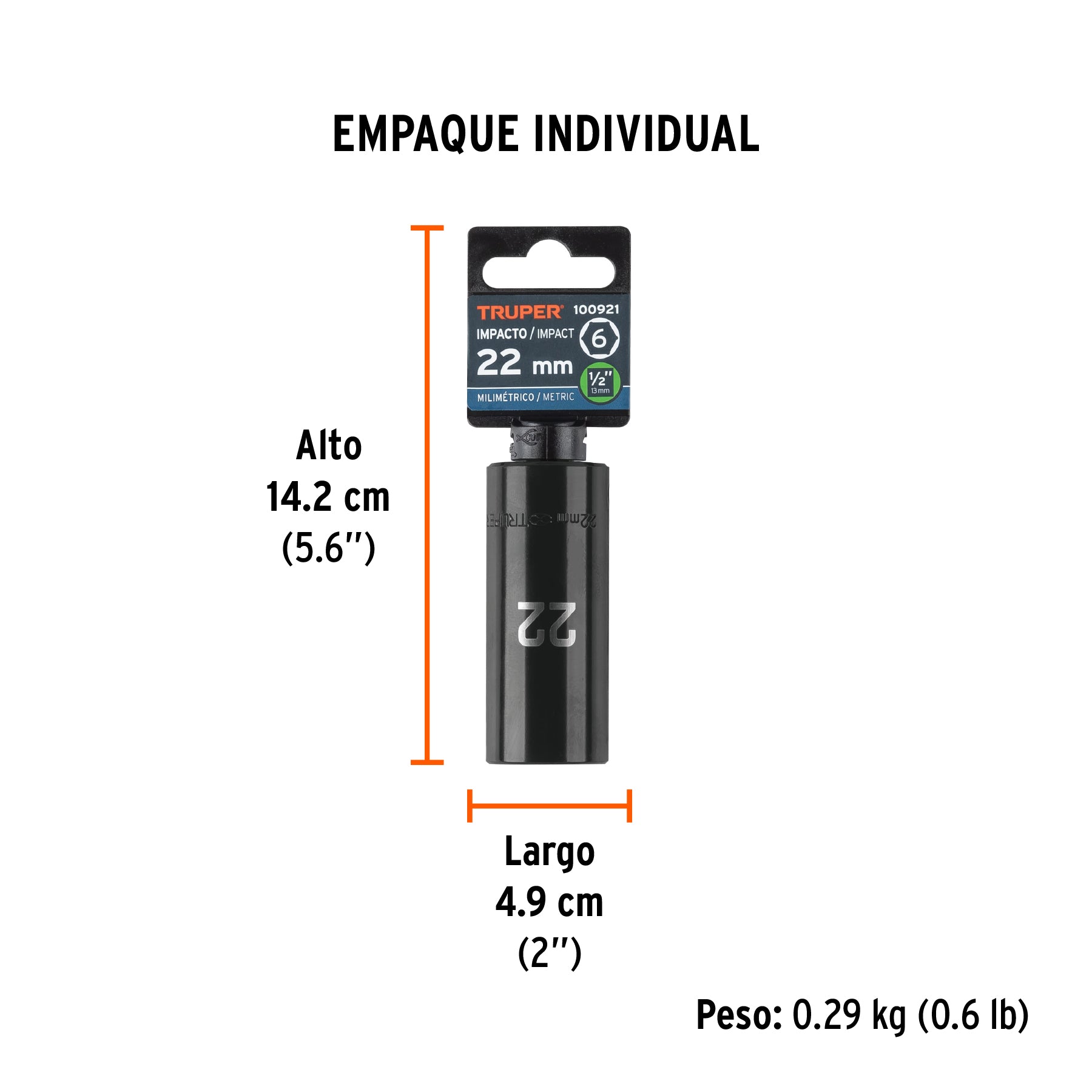Dado largo impacto de 22 mm, 6 puntas, cuadro 1/2', Truper