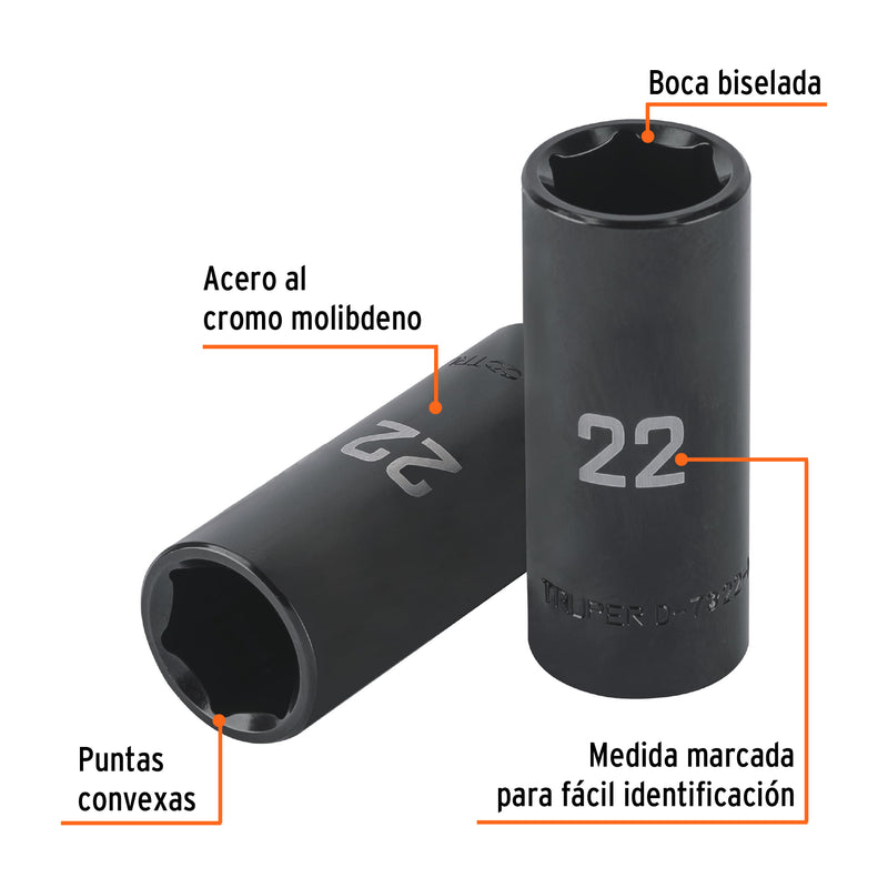 Dado largo impacto de 22 mm, 6 puntas, cuadro 1/2', Truper