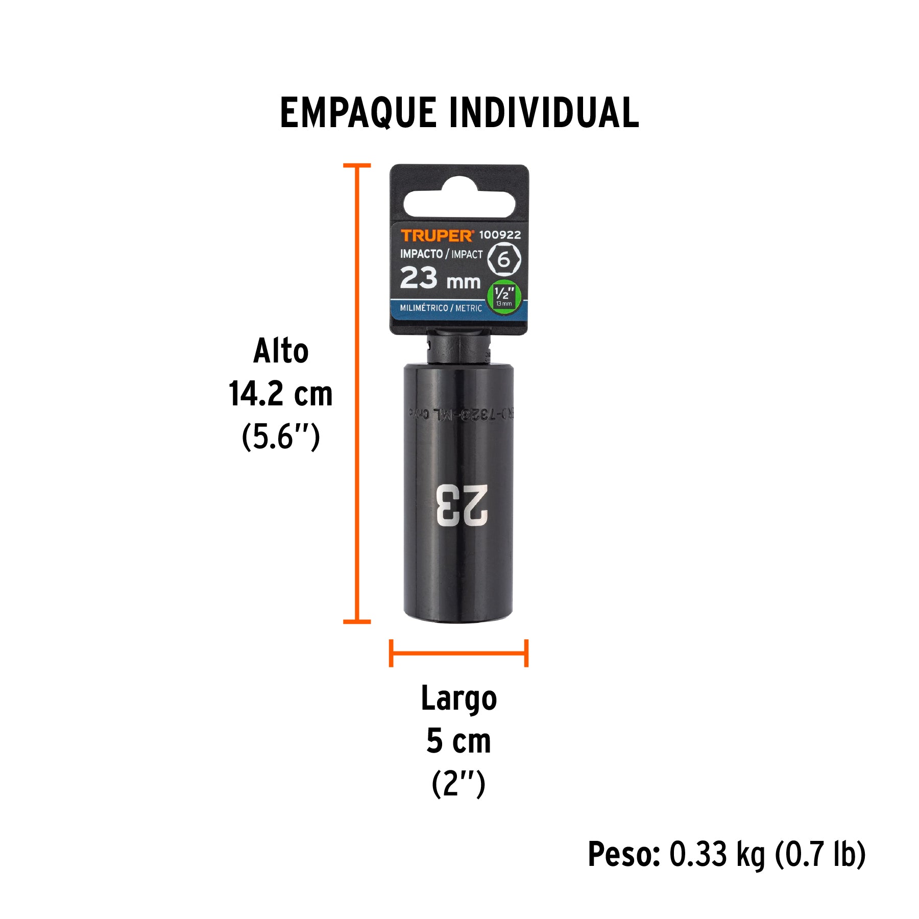 Dado largo impacto de 23 mm, 6 puntas, cuadro 1/2', Truper