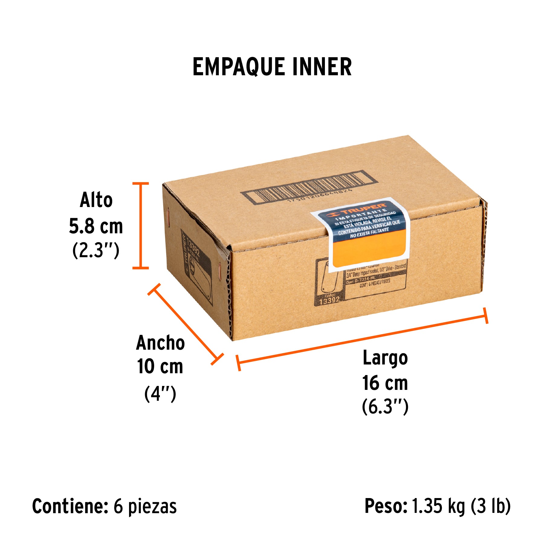 Dado de impacto, largo, 6 puntas, cuadro 1/2" de 3/4"