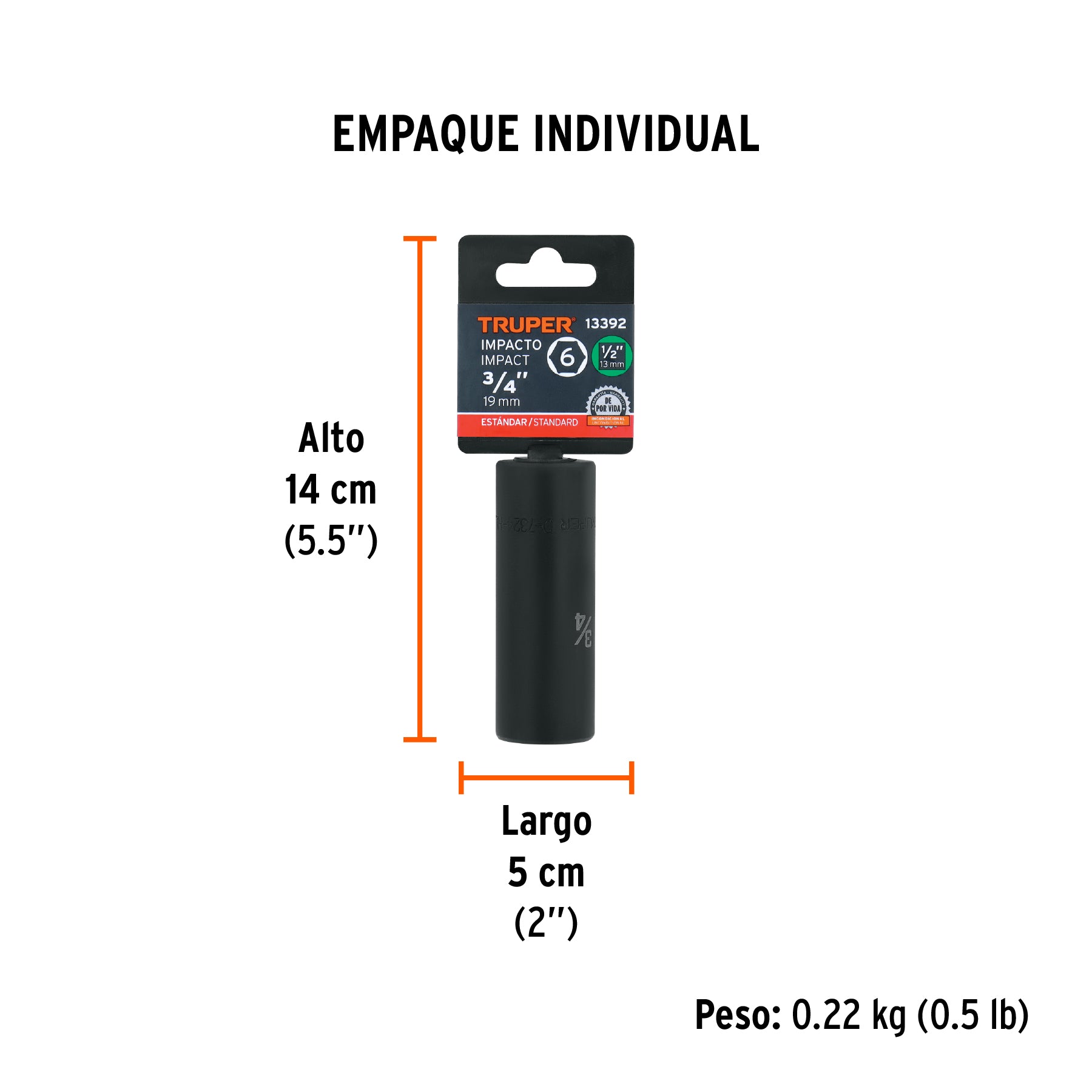 Dado de impacto, largo, 6 puntas, cuadro 1/2" de 3/4"