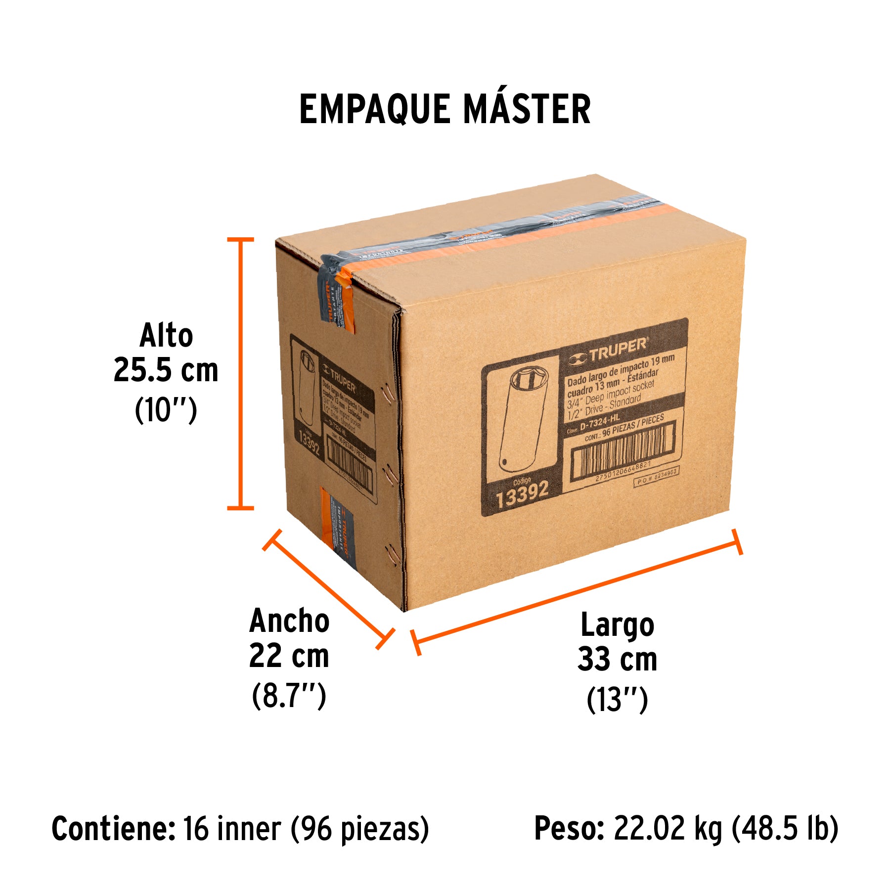 Dado de impacto, largo, 6 puntas, cuadro 1/2" de 3/4"