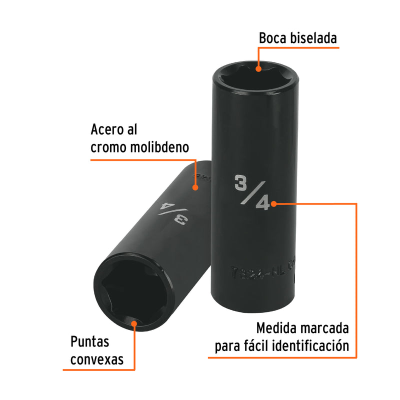 Dado de impacto, largo, 6 puntas, cuadro 1/2" de 3/4"