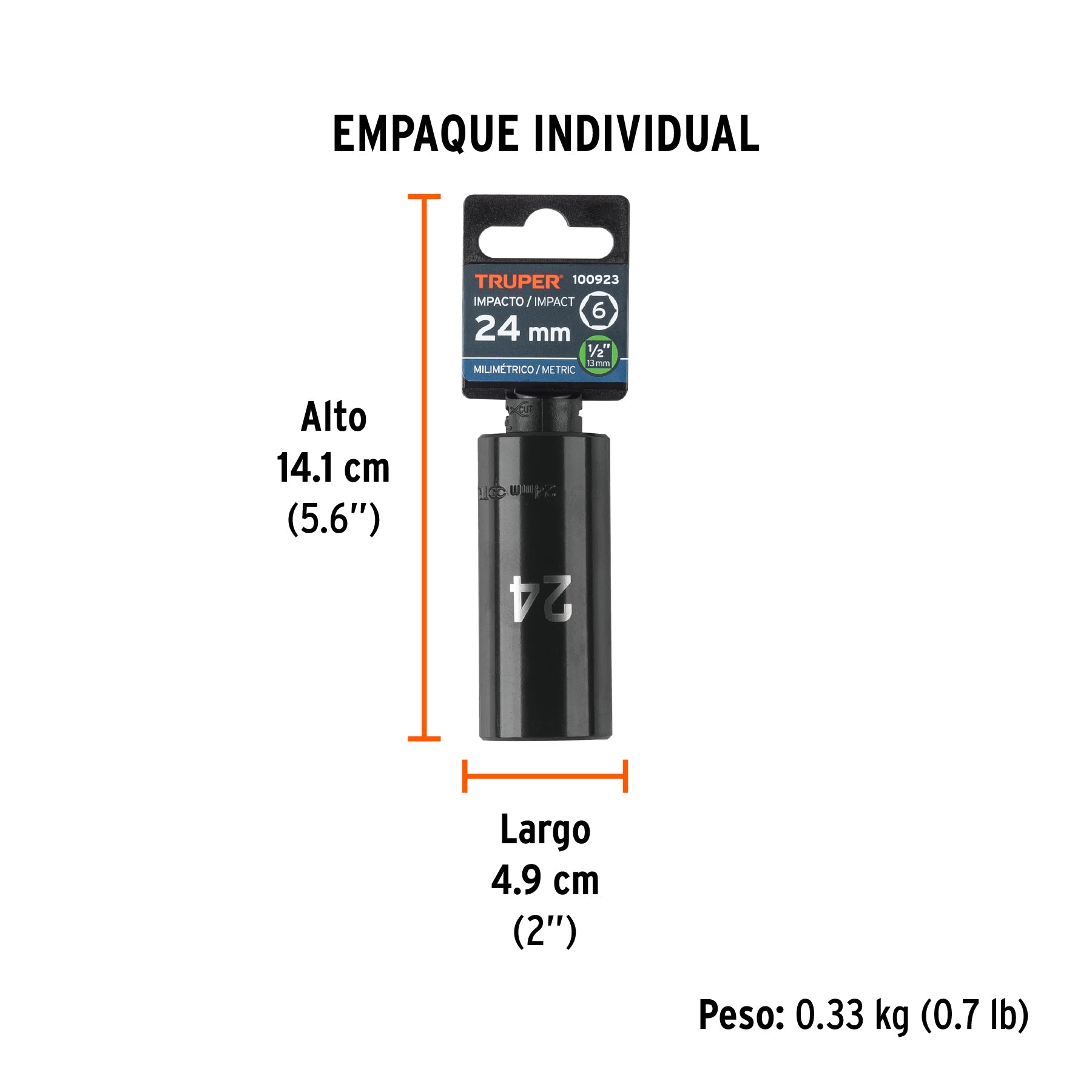 Dado largo impacto de 24 mm, 6 puntas, cuadro 1/2', Truper