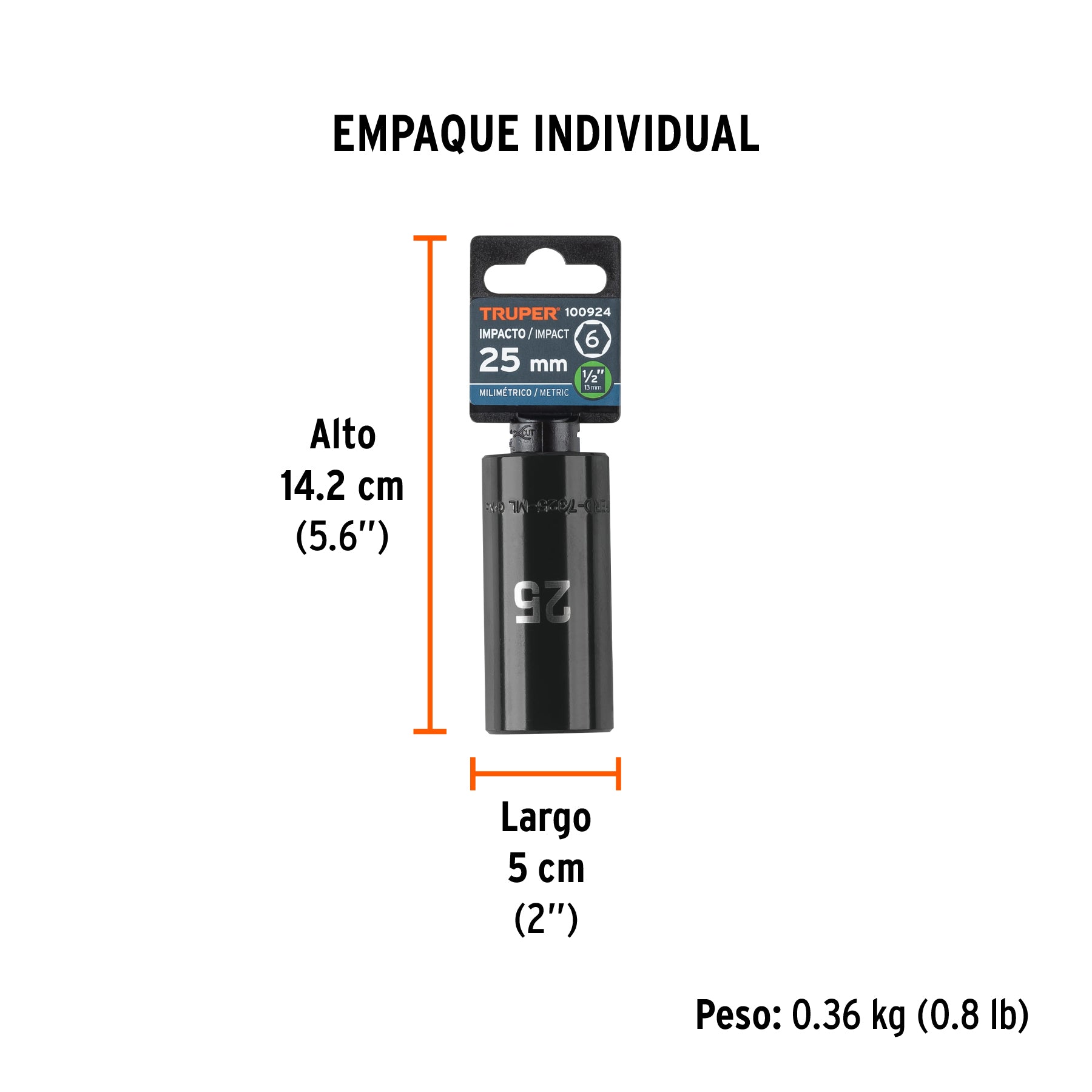 Dado largo impacto de 25 mm, 6 puntas, cuadro 1/2', Truper