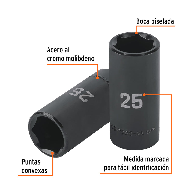 Dado largo impacto de 25 mm, 6 puntas, cuadro 1/2', Truper