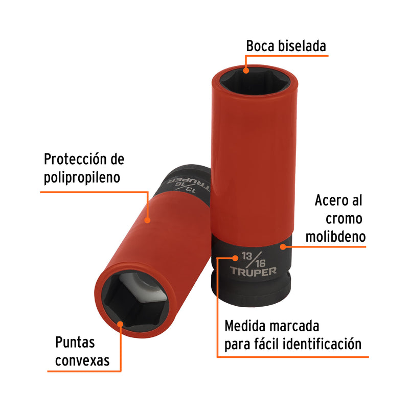 Dado largo impacto, 13/16', 6 p, protec plástica,cuadro 1/2'