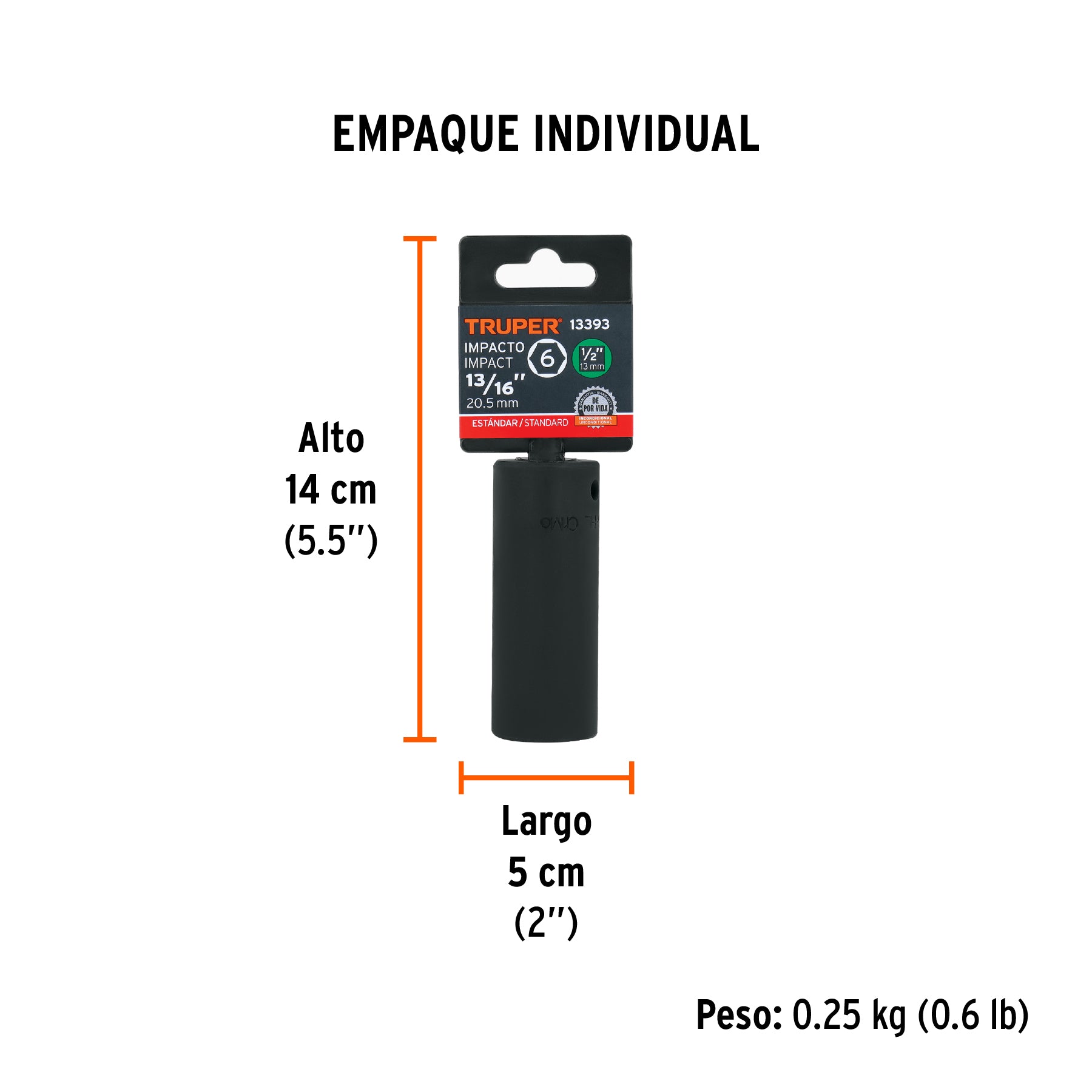 Dado de impacto, largo, 6 puntas, cuadro 1/2" de 13/16"