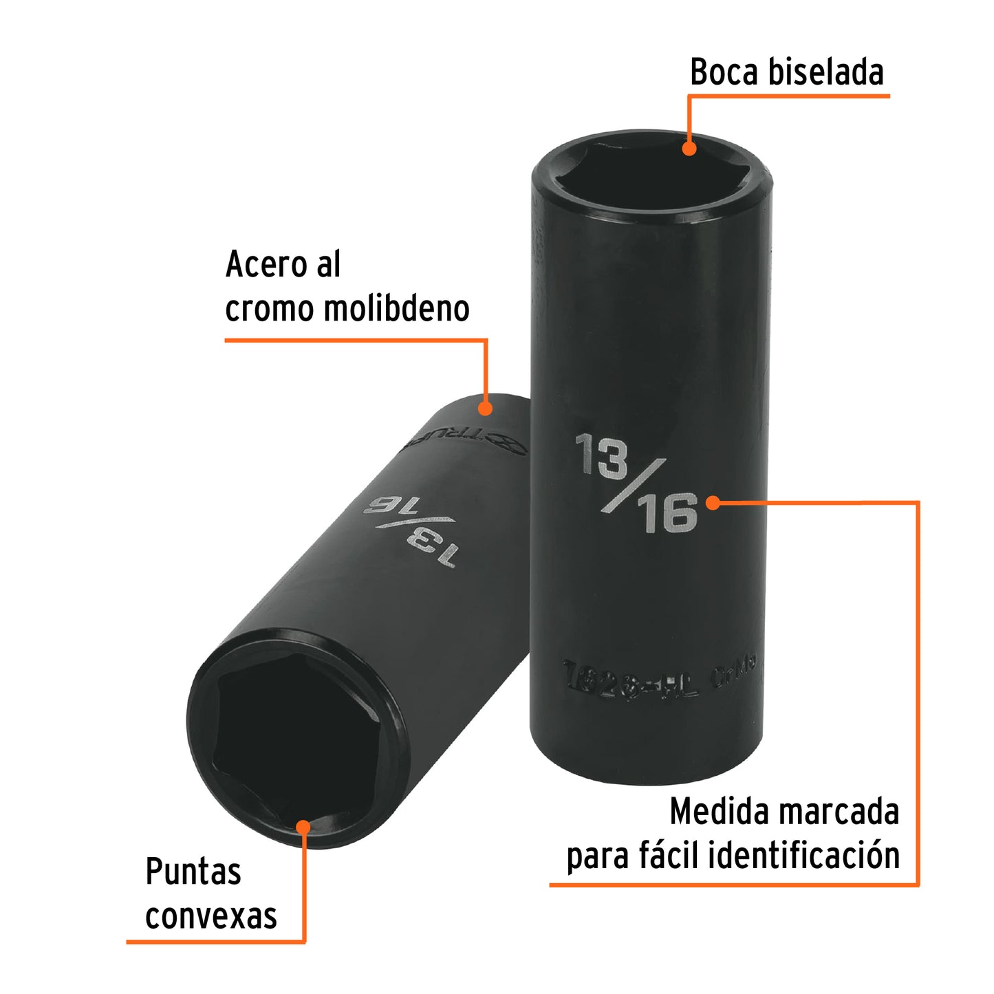 Dado de impacto, largo, 6 puntas, cuadro 1/2" de 13/16"