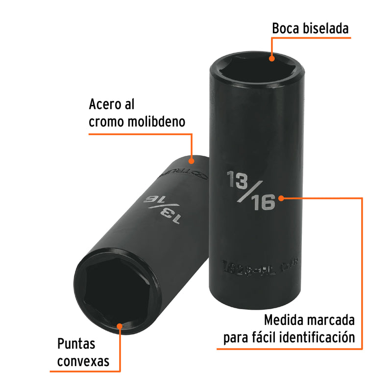 Dado de impacto, largo, 6 puntas, cuadro 1/2" de 13/16"