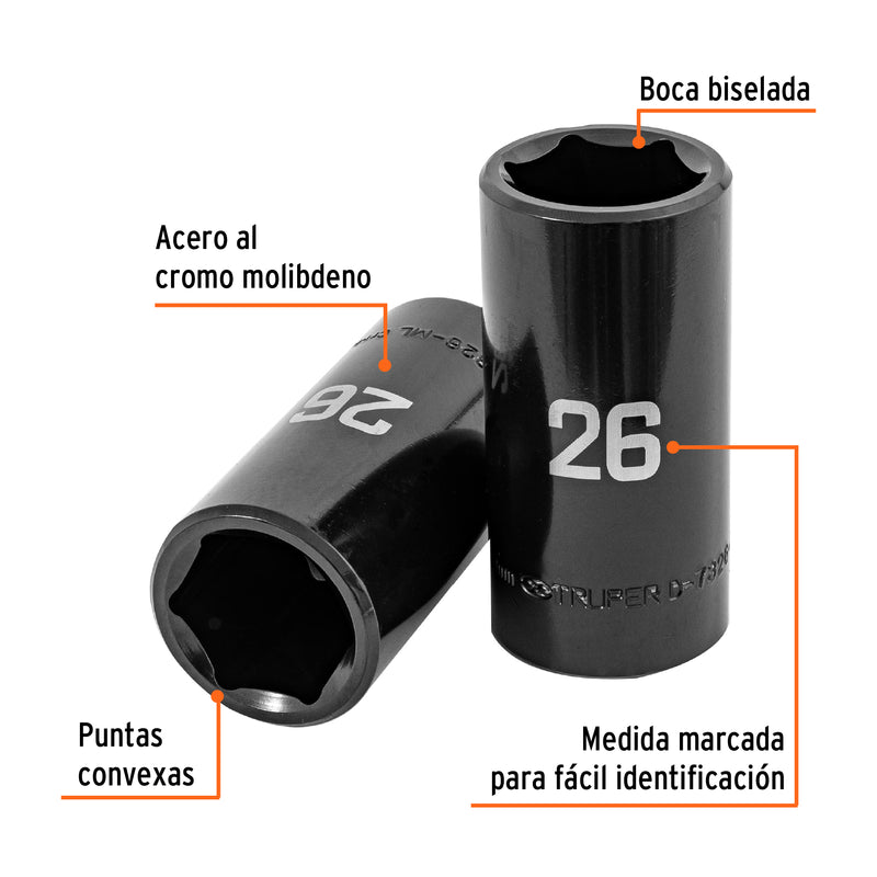 Dado largo impacto de 26 mm, 6 puntas, cuadro 1/2', Truper