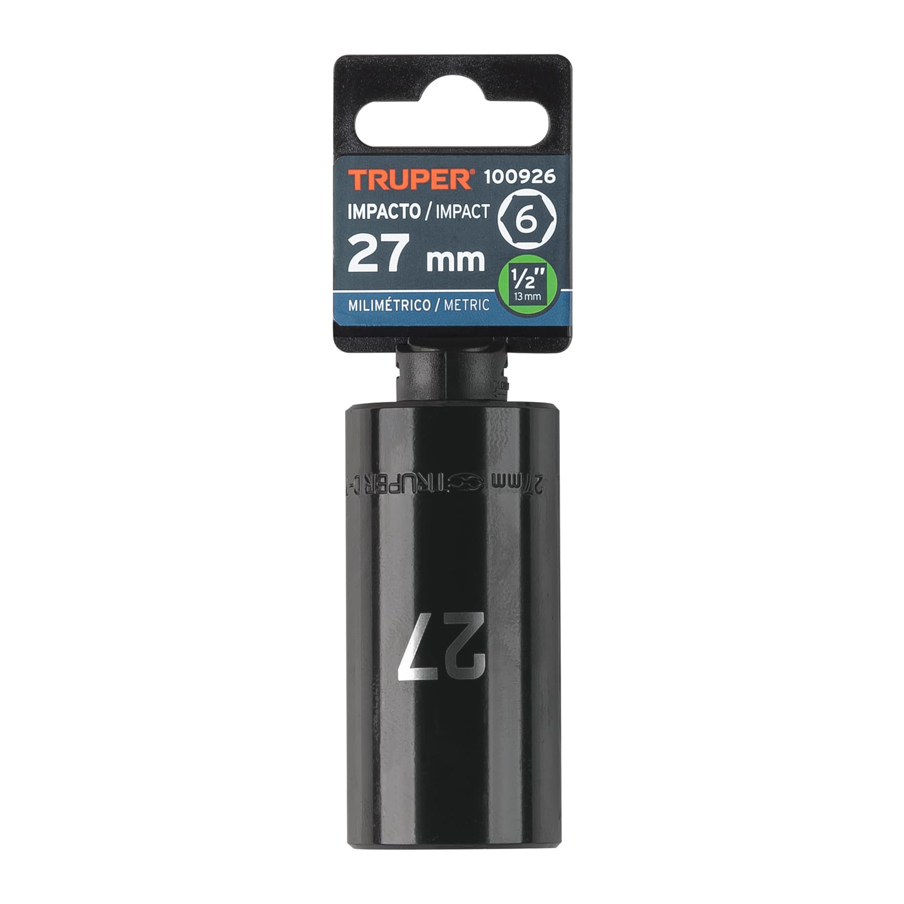 Dado largo impacto de 27 mm, 6 puntas, cuadro 1/2', Truper