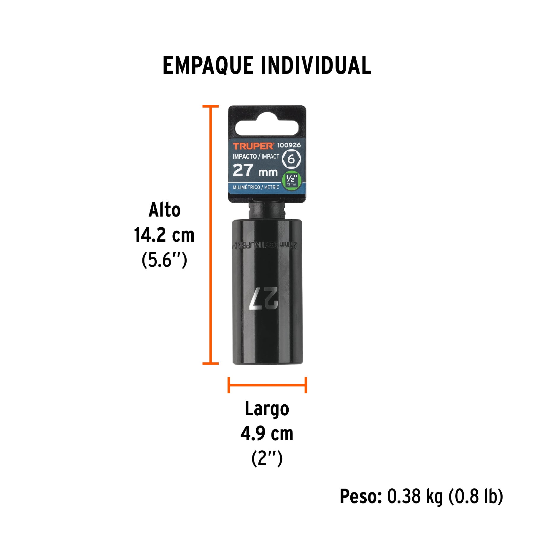 Dado largo impacto de 27 mm, 6 puntas, cuadro 1/2', Truper
