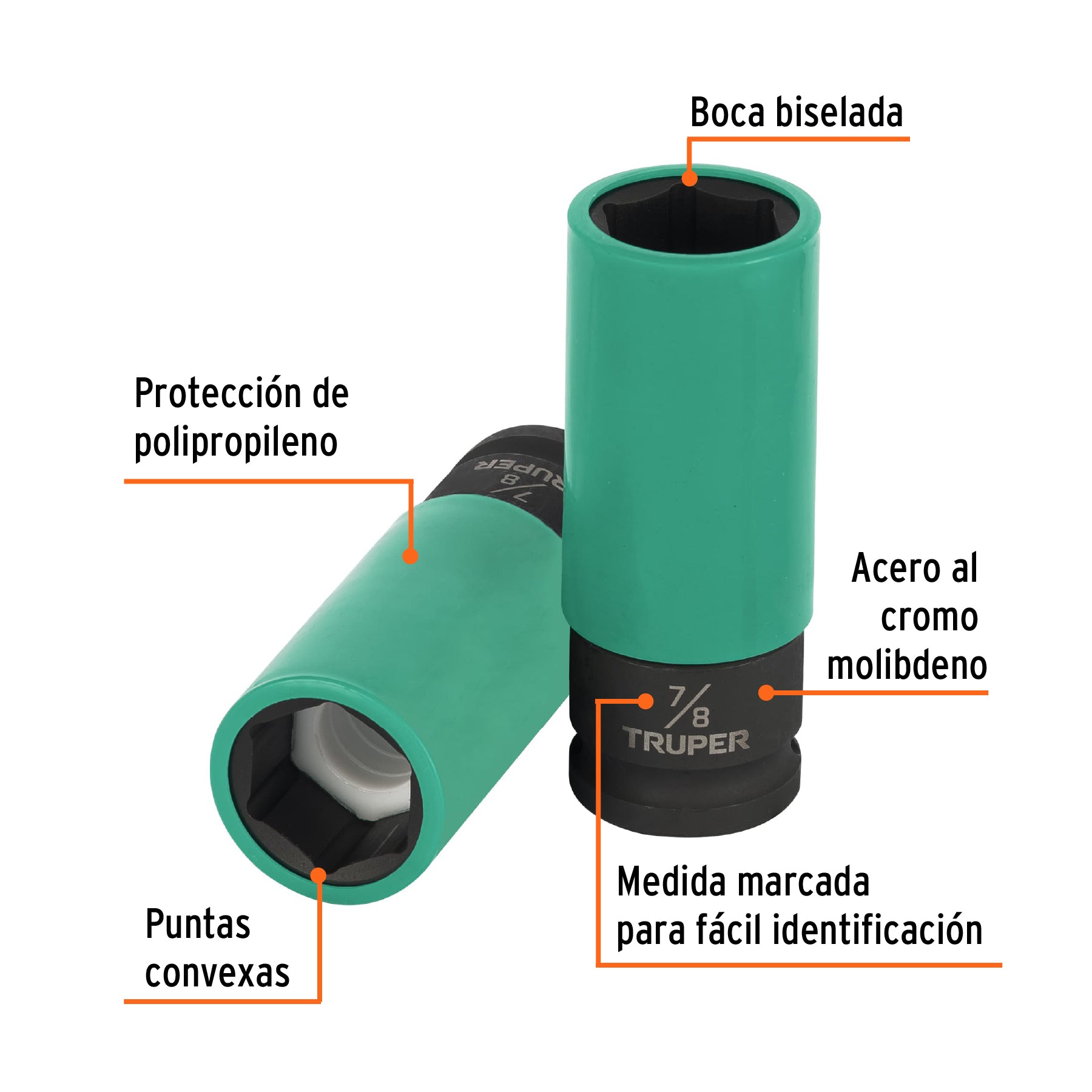 Dado largo impacto, 7/8', 6 p, protec plástica, cuadro 1/2'