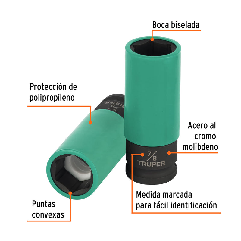 Dado largo impacto, 7/8', 6 p, protec plástica, cuadro 1/2'
