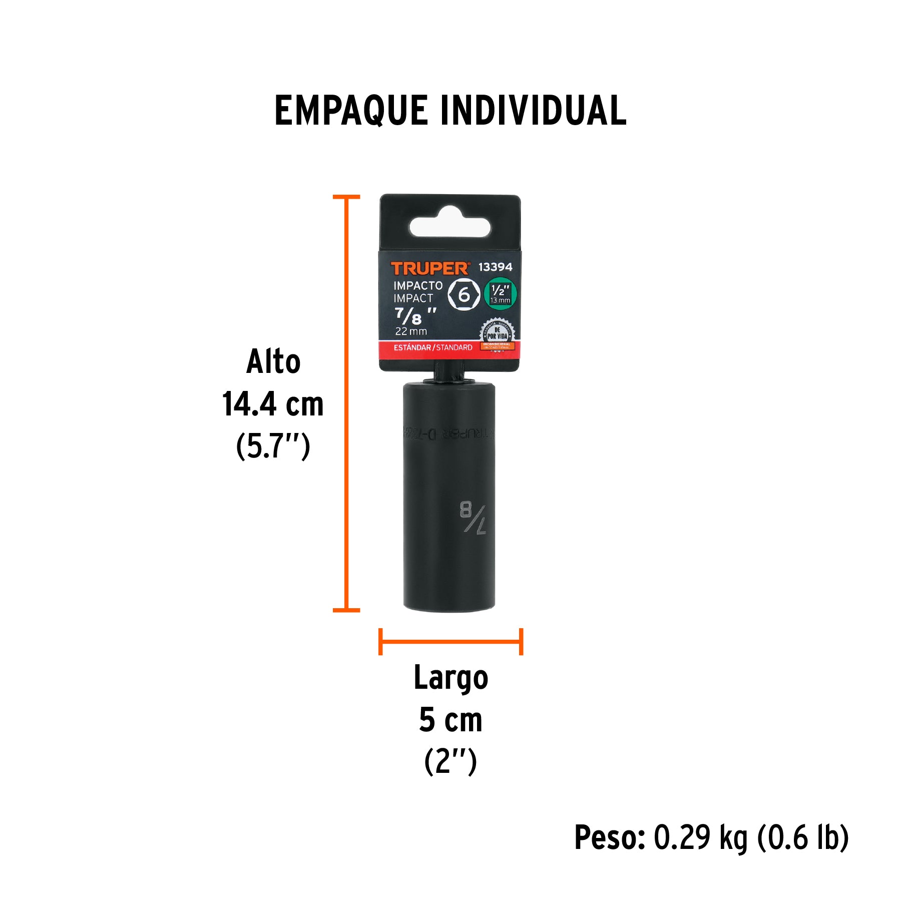 Dado de impacto, largo, 6 puntas, cuadro 1/2" de 7/8"
