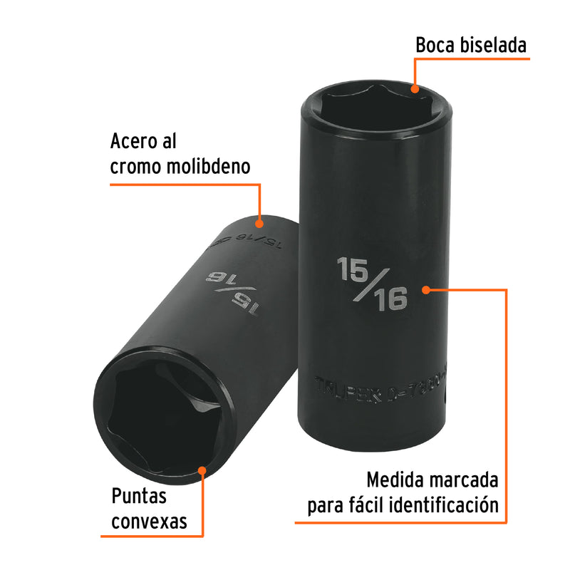 Dado de impacto, largo, 6 puntas, cuadro 1/2" de 15/16"