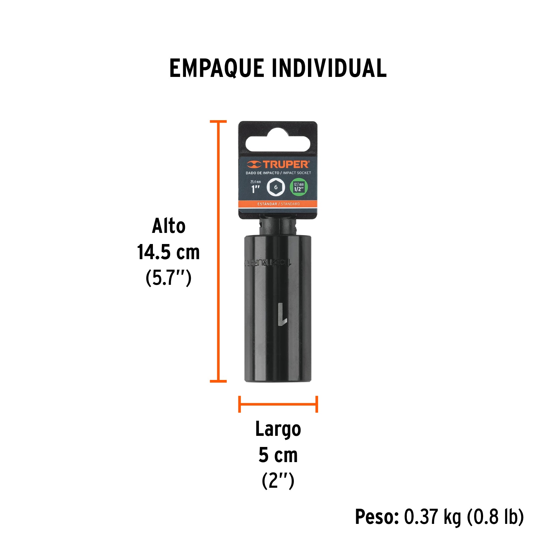 Dado de impacto, largo, 6 puntas, cuadro 1/2" de 1"