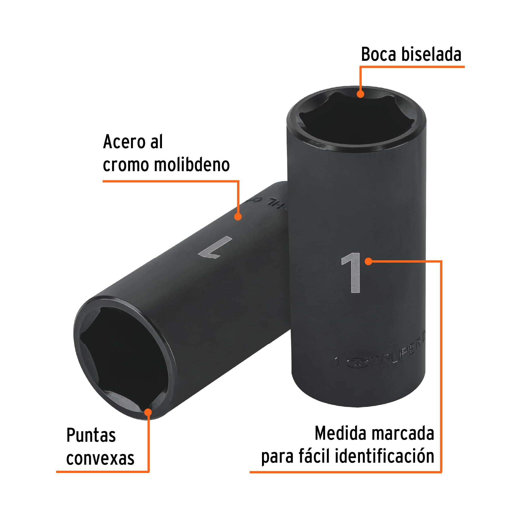 Dado de impacto, largo, 6 puntas, cuadro 1/2" de 1"