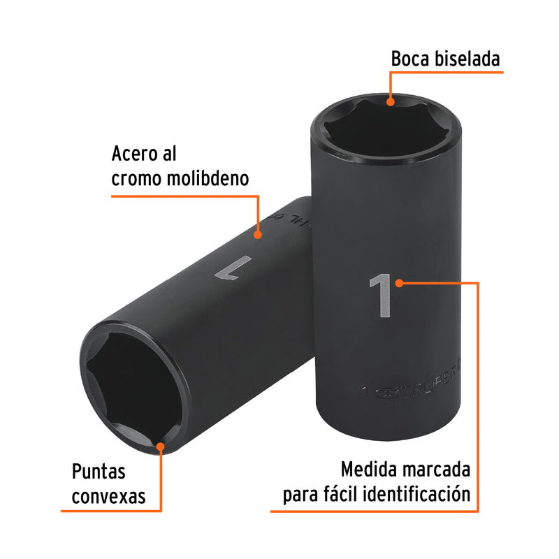 Dado de impacto, largo, 6 puntas, cuadro 1/2" de 1"