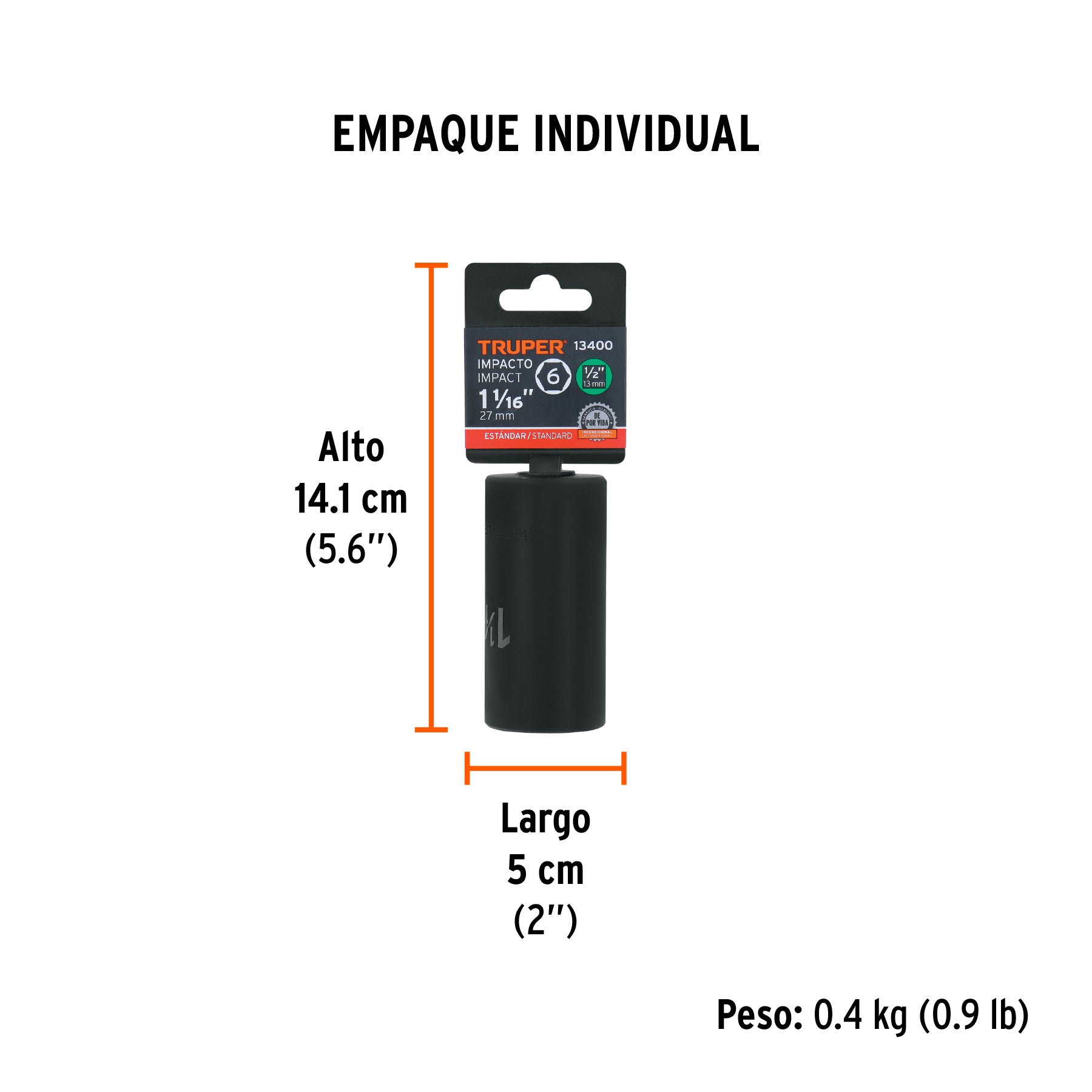Dado de impacto, 6 puntas, cuadro 1/2" de 1-1/16"..