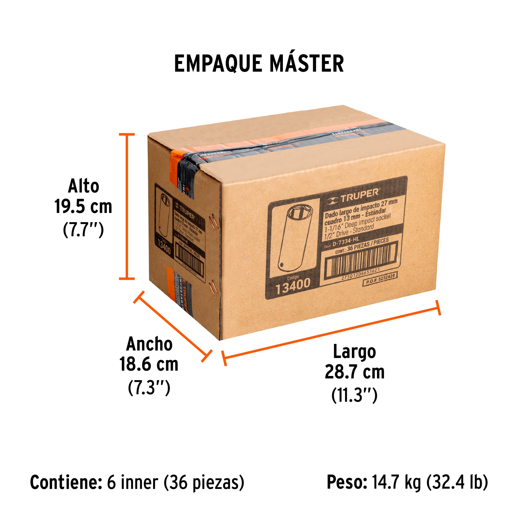 Dado de impacto, 6 puntas, cuadro 1/2" de 1-1/16"..