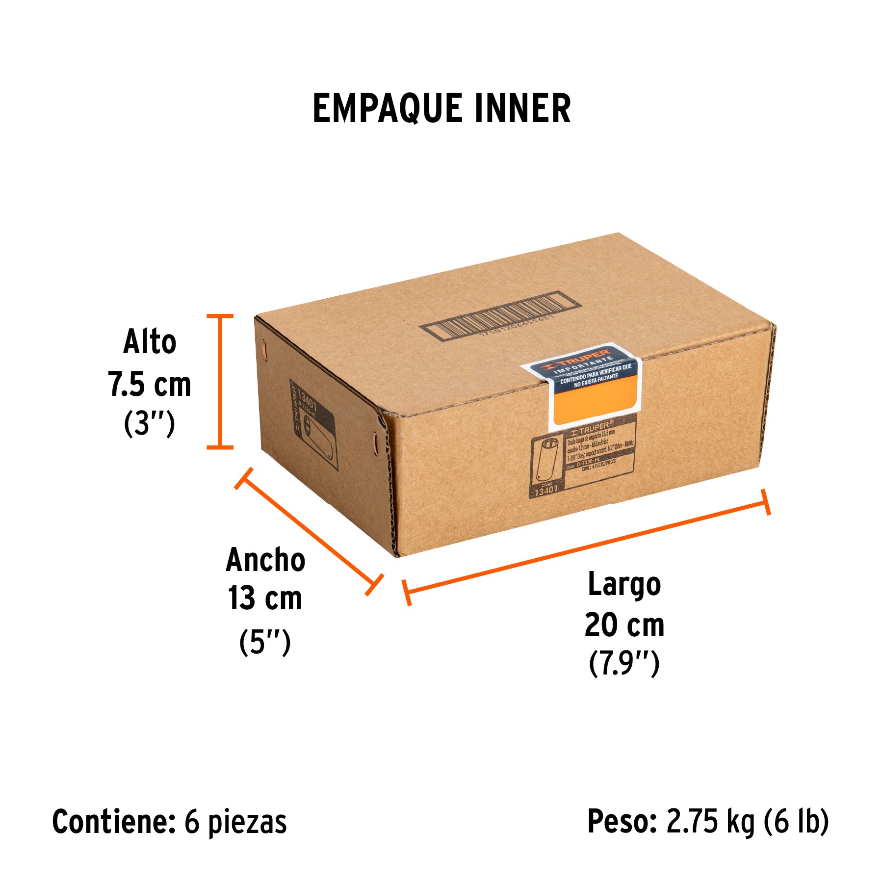 Dado de impacto, 6 puntas, cuadro 1/2" de 1-1/8"..