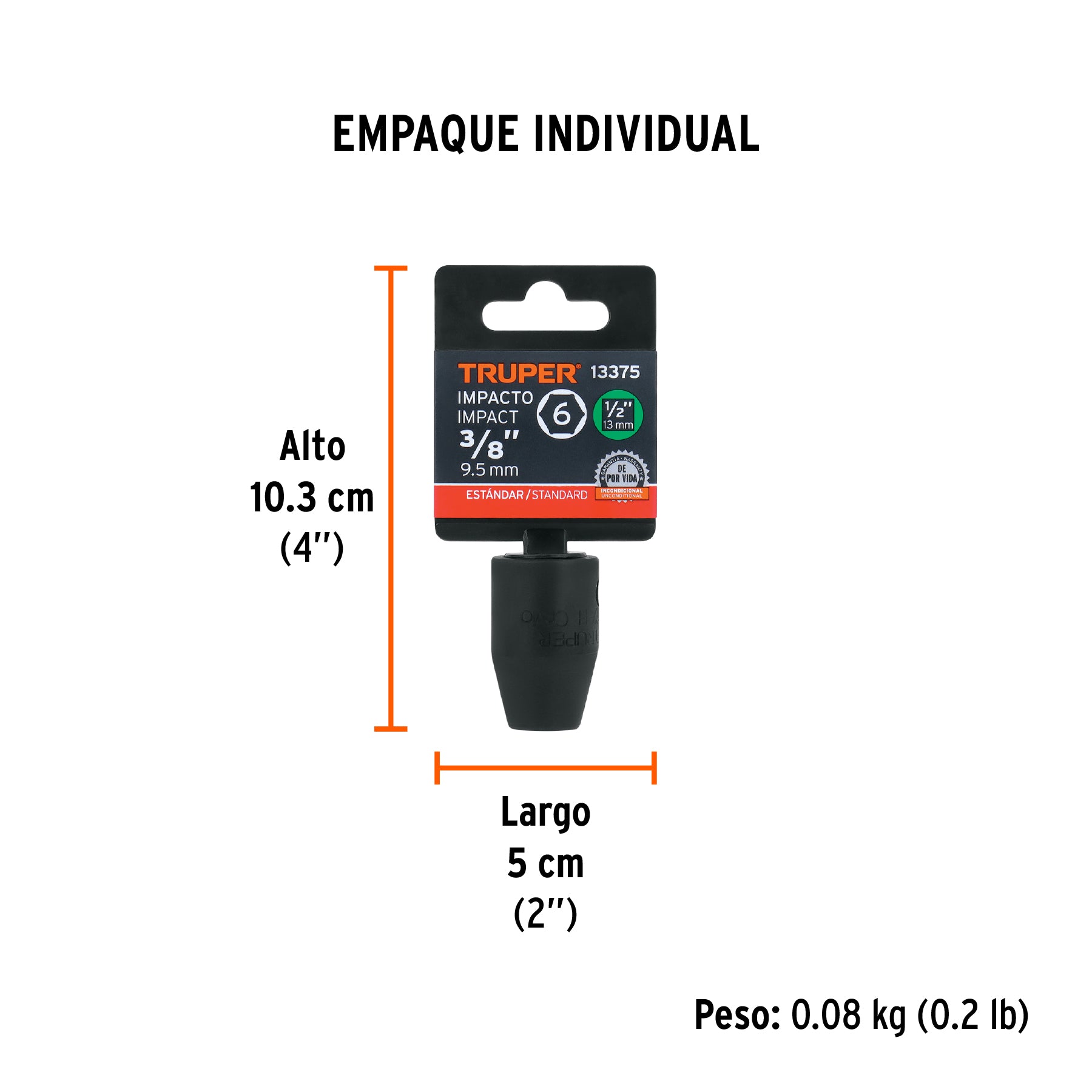 Dado de impacto, 6 puntas, cuadro 1/2" de 3/8"