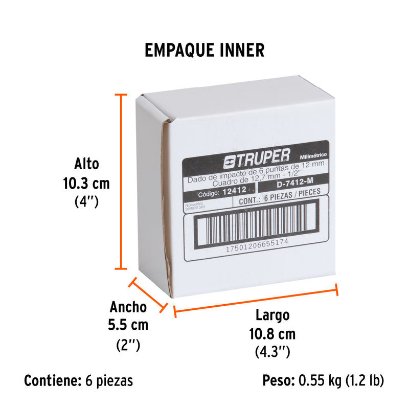 Dado de impacto, 6 puntas, cuadro 1/2" de 12mm