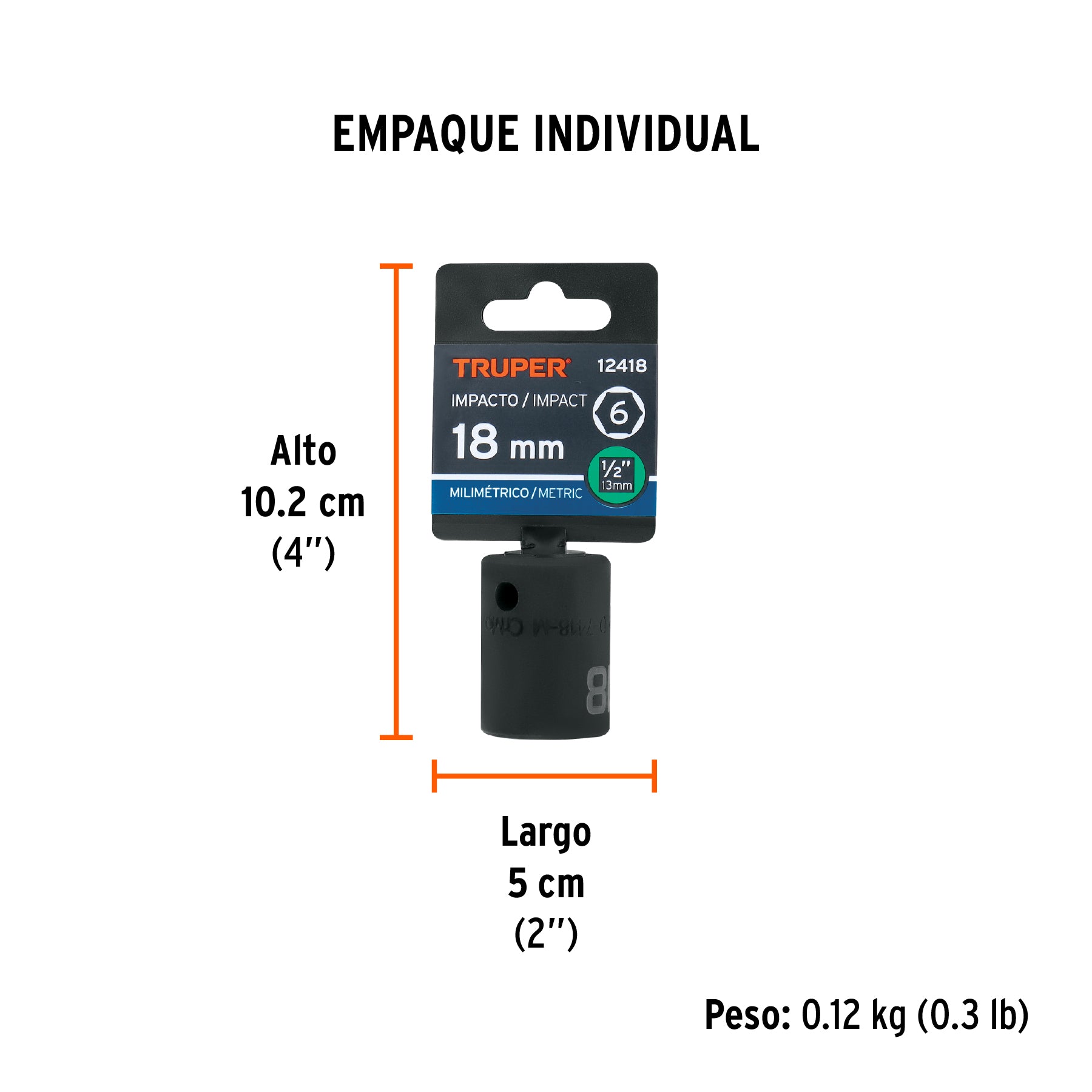 Dado de impacto, 6 puntas, cuadro 1/2" de 18mm