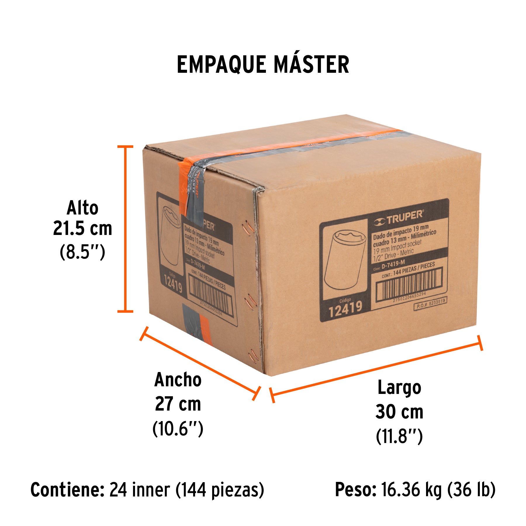 Dado de impacto, 6 puntas, cuadro 1/2" de 19mm