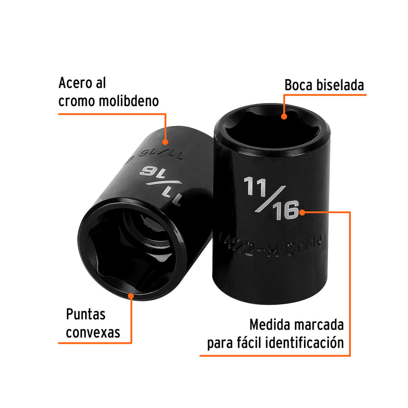 Dado de impacto, 6 puntas, cuadro 1/2" de 11/16"
