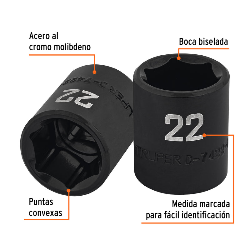 Dado de impacto de 22 mm, 6 puntas, cuadro 1/2', Truper