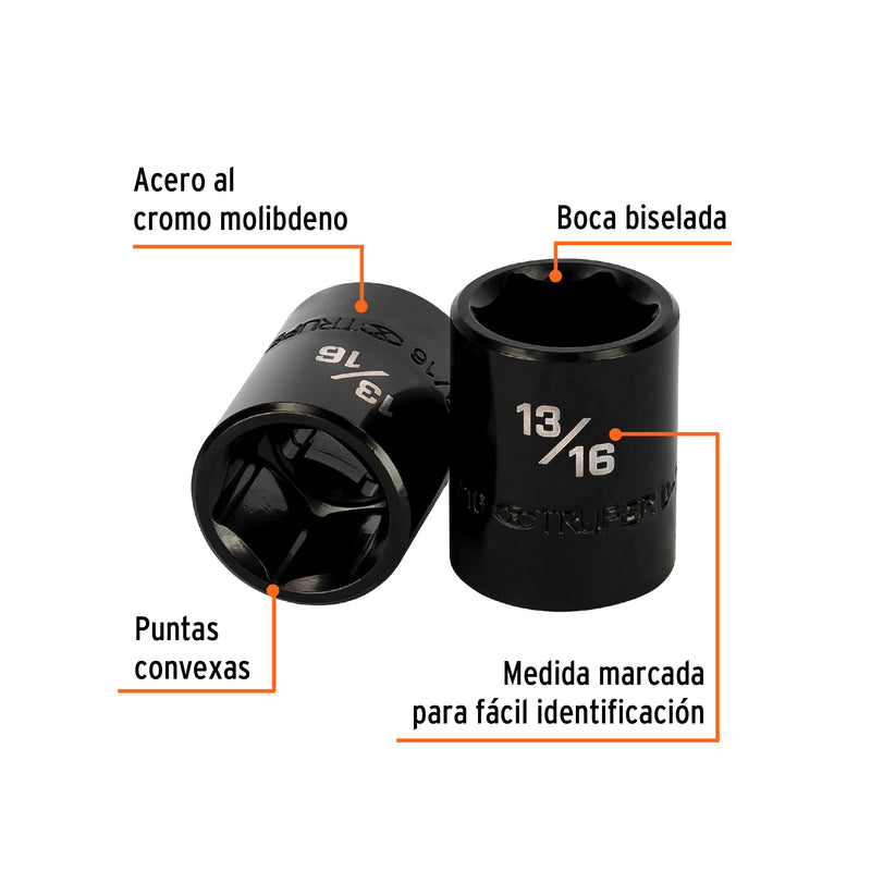 Dado de impacto, 6 puntas, cuadro 1/2" de 13/16"